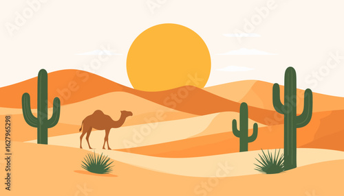 Flat vector illustration of a desert landscape with a dromedary camel, saguaro cacti, and orange sand dunes under a large yellow sun.