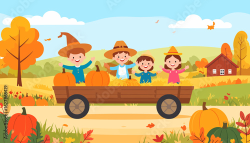 Four happy cartoon children in festive hats riding a wooden wagon filled with hay and pumpkins during an autumn hayride.
