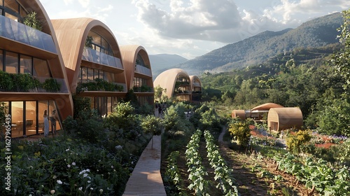 Sustainable housing nestled in a hillside garden