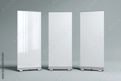 Three blank roll-up banners against a neutral backdrop