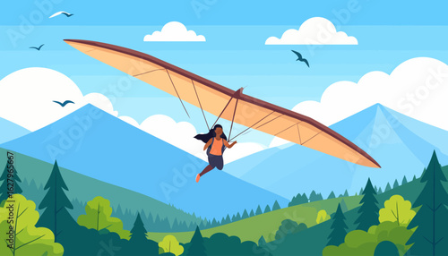 A woman with long black hair soars on an orange and brown hang glider.