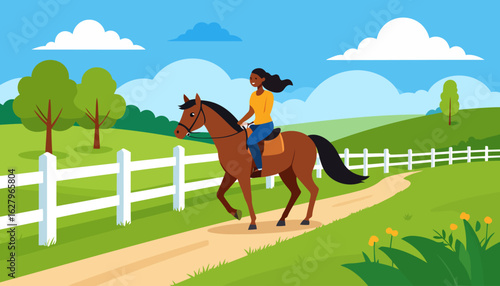 A smiling Black woman with long dark hair riding a brown horse in a flat vector illustration style.