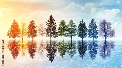 Trees reflecting seasonal color changes across a still body of water, with a gradient of colors from sunrise to sunset