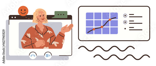 Female presenter in video call platform explains rising trend on line graph with grid-style chart. Ideal for remote learning, business analytics, presentation, training, communication, education