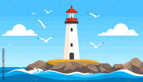Cartoon lighthouse with a red top on a rocky island, surrounded by flying seagulls and blue ocean waves.