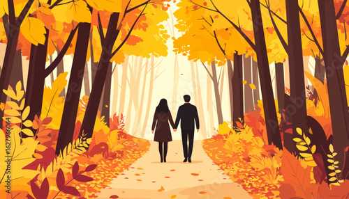 Rear view of a couple holding hands, walking down a path in a vibrant, golden autumn forest.