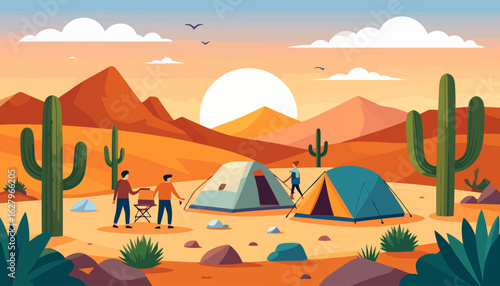 A vibrant flat vector illustration of friends setting up a campsite with tents in a scenic desert landscape with saguaro cacti during a warm sunset.