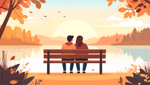 Rear view of a couple in casual autumn wear sitting together on a wooden park bench.