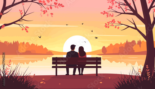 Romantic couple silhouette sitting on a park bench, sharing a quiet, intimate moment.