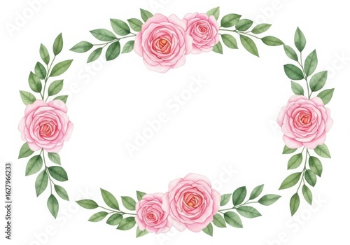 Watercolor floral frame with pink roses and green leaves isolated on white background