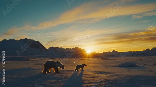 Two polar bears silhouetted against a breathtaking arctic sunset