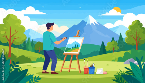 A male artist with dark hair painting a vibrant mountain landscape on a wooden easel outdoors.