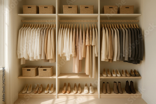 Walk in closet with color organized clothing matching hangers shoes in rows woven baskets shelves soft daylight calm order stylish simplicity