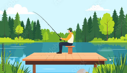 A man in a green cap and yellow hoodie sits on a stool, patiently fishing with a rod from a wooden pier.