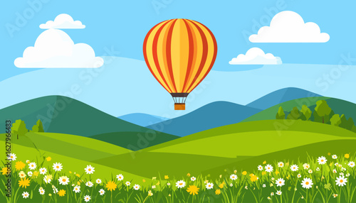 Vibrant hot air balloon with red, orange, and yellow vertical stripes in a flat design style.