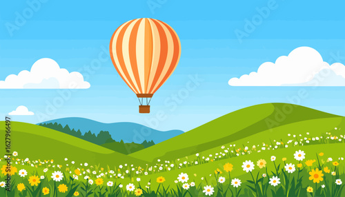 A vibrant orange and white striped hot air balloon with a wicker basket, depicted in a flat vector art style.