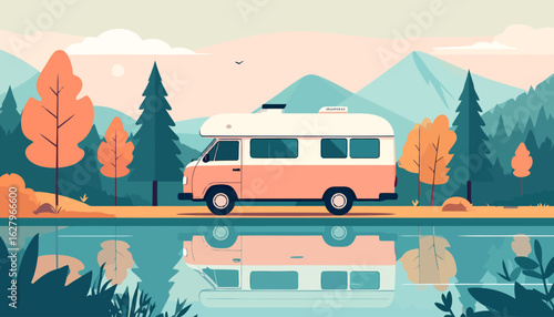 Side profile of a vintage pink and white high-top camper van, a classic recreational vehicle illustration.