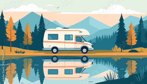 White Class C motorhome with an orange stripe, shown in a clean, flat illustration style.