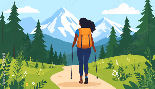 Rear view of a woman with curly hair and an orange backpack hiking with trekking poles.