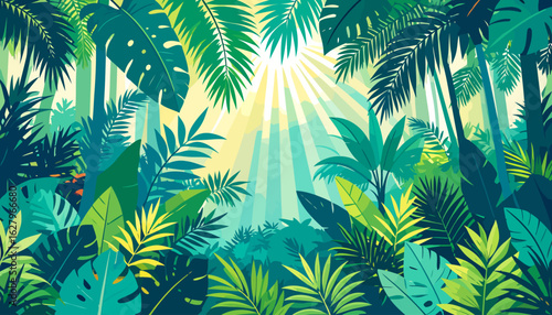 Lush tropical jungle illustration with vibrant green foliage, palm trees, and radiant sunbeams.
