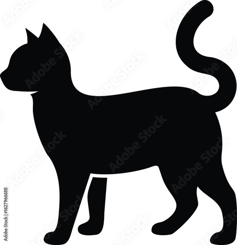 A simple black cat silhouette, standing profile view, with a curled tail