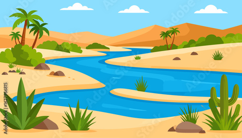 Vibrant cartoon desert oasis with a winding blue river, palm trees, and sand dunes. Flat landscape illustration.