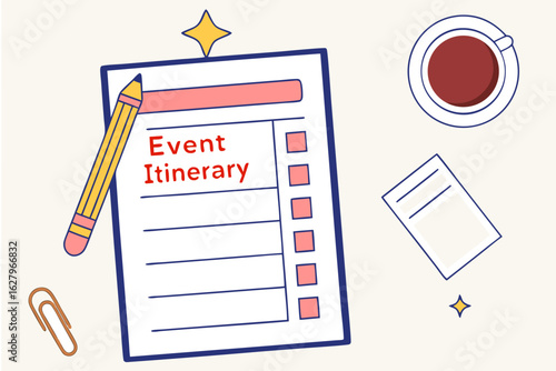 Illustration of an event itinerary on a clipboard with a pencil, coffee cup, and paper note around it