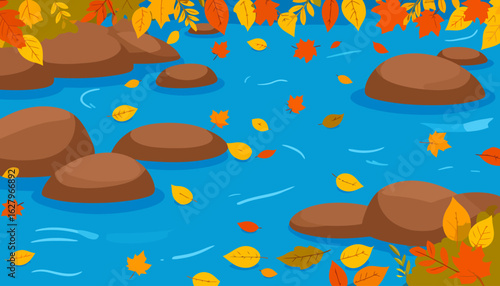Stylized autumn river with floating orange and yellow leaves among smooth brown stones.