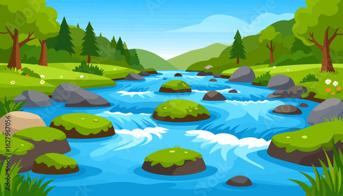 Vibrant cartoon landscape of a river flowing through a green valley with forests and mossy rocks.
