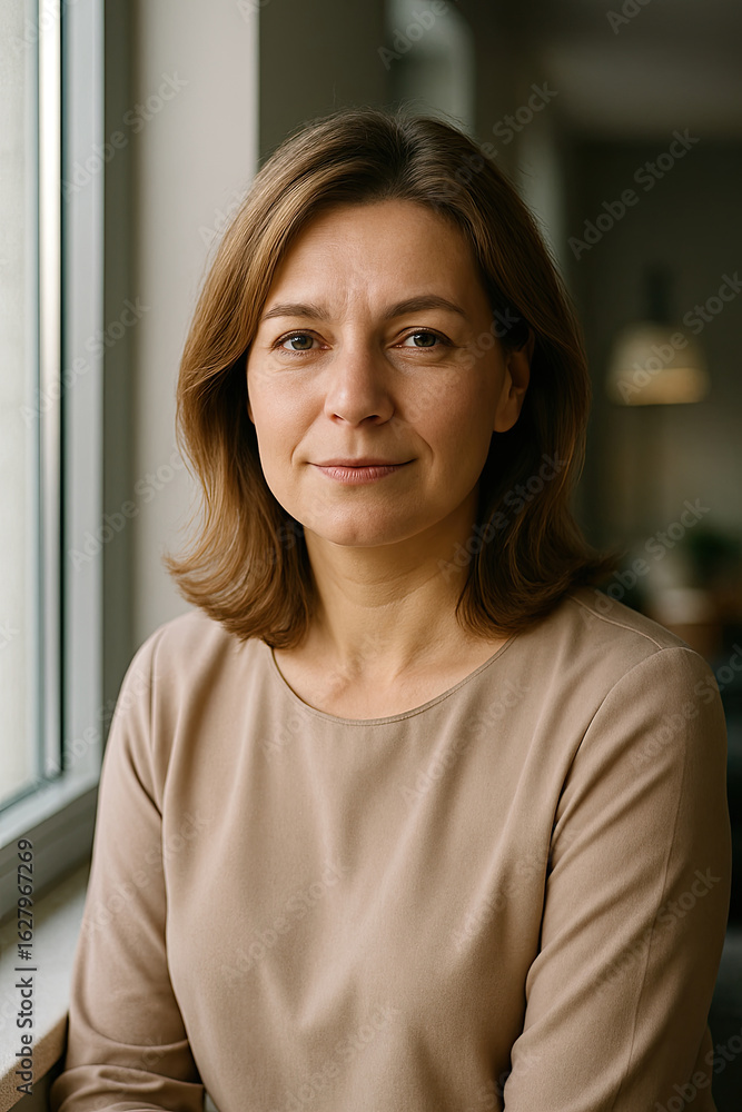 Portrait of 43 year old Polish woman calm confident expression shoulder length hair neutral blouse window natural light modern interior Portrait of 43 year old Polish woman calm confident expression shoulder length hair neutral blouse window natural light modern interior