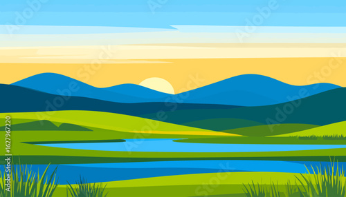 Serene flat design landscape with rolling green hills, blue mountains, and a tranquil river at sunrise.