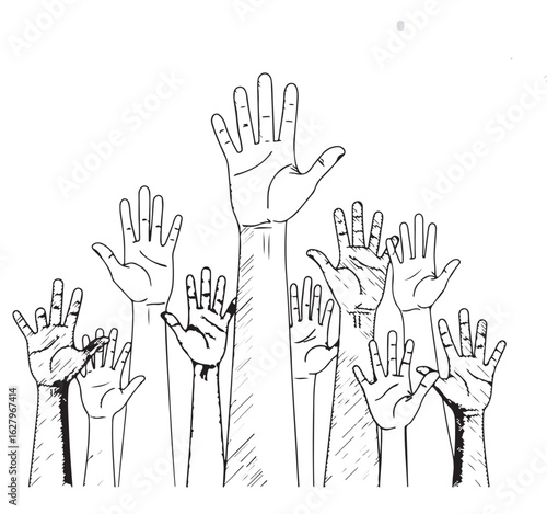 Hand-drawn sketch illustration of a diverse group of hands raised up, symbolizing unity, community, and participation.
