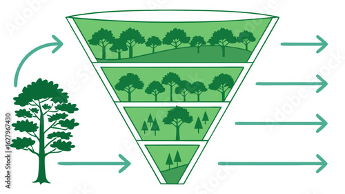 Illustration of a funnel shape divided into sections each containing trees and arrows indicating flow