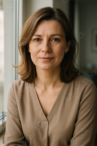 Portrait of 43 year old Polish woman calm confident expression shoulder length hair neutral blouse window natural light modern interior
