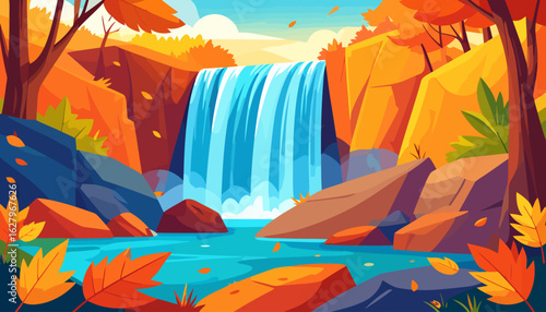 Vibrant illustration of a cascading waterfall in a colorful autumn forest with orange and yellow foliage.