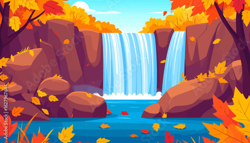 Illustrated Autumnal Waterfall Scene with Rocky Cliffs and Vibrant Orange and Yellow Leaves.