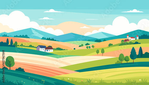 Vibrant rural landscape illustration with rolling hills, colorful fields, and distant mountains.