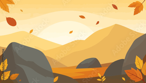 Flat design autumn landscape with layered hills, grey rocks, and swirling orange leaves under a golden sky.