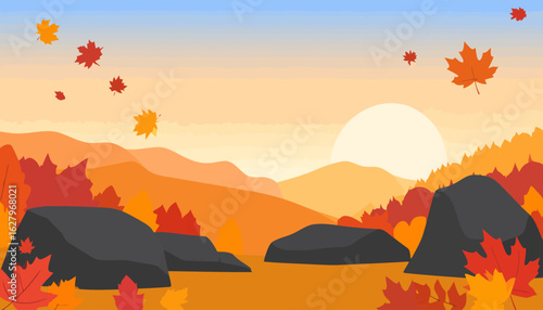 Stylized autumn landscape with orange mountains, falling maple leaves, and a warm sunset glow.