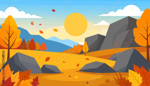 Vibrant autumn mountain landscape with golden trees and falling leaves in a flat design style.
