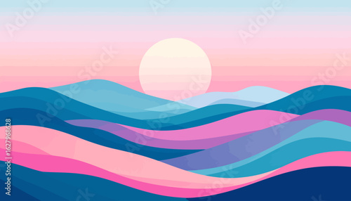 Minimalist abstract landscape of layered, wavy hills in shades of blue, pink, and purple under a pale sun.