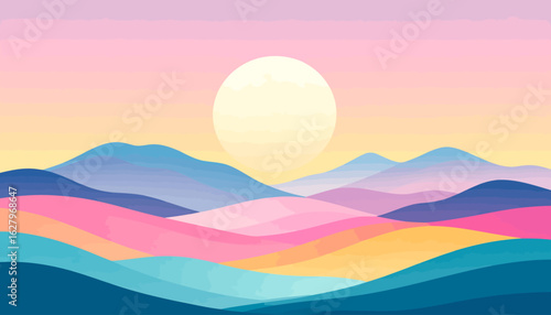 Minimalist landscape illustration of colorful, layered rolling hills under a large pale sun.