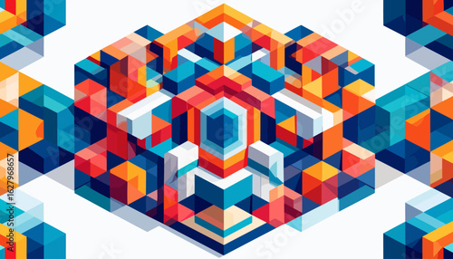 Symmetrical isometric structure of colorful geometric blocks and translucent prisms.