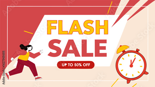 Illustration of a woman running towards a flash sale advertisement with an alarm clock on the right side