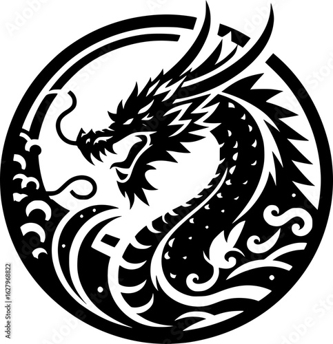Minimalist black and white dragon icon with clean lines. Geometric and bold, perfect for logos, stickers, or digital applications.