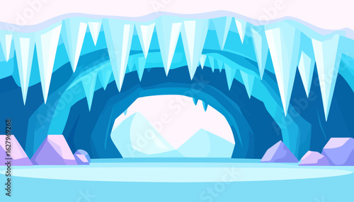 Stylized blue ice cave with a snowy floor and jagged icicles hanging from the arched ceiling.