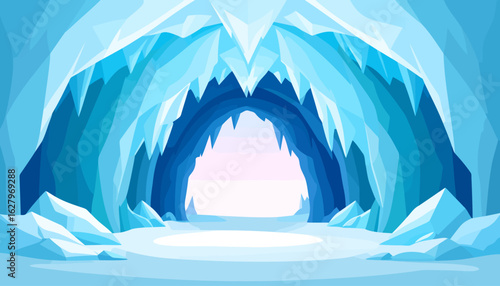 Stylized blue ice cave with sharp crystal formations, jagged icicles, and a snowy path leading to a bright, distant opening.