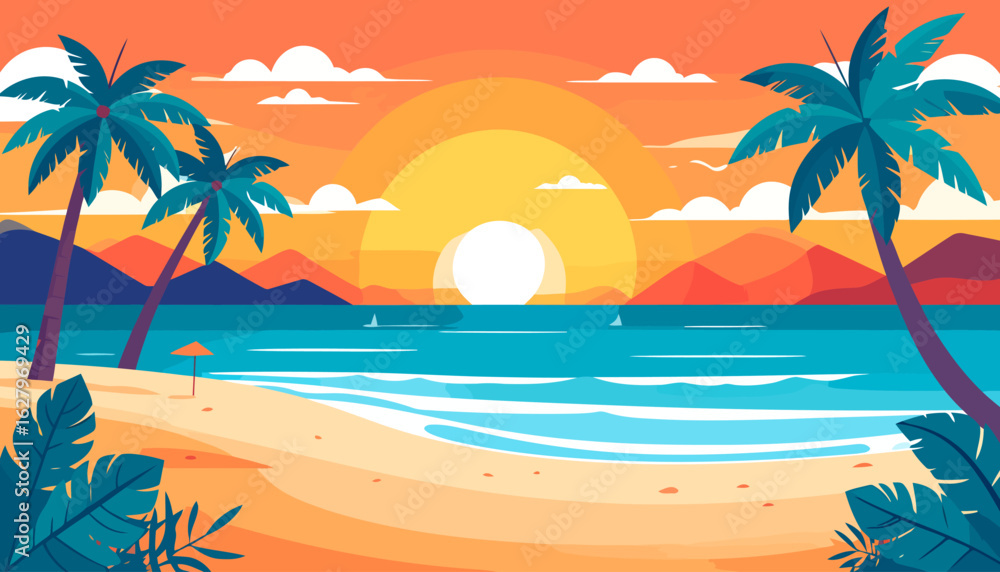 Obraz premium Vibrant flat vector illustration of a tropical beach sunset with palm trees and mountains.