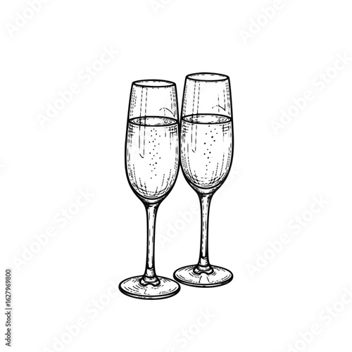 Two champagne glasses clinking in celebration on white background  