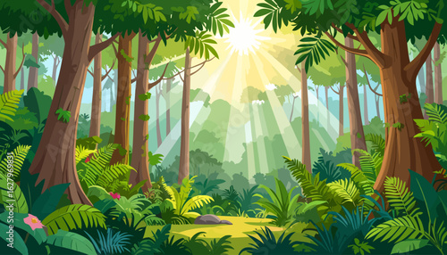 Vibrant cartoon jungle landscape with bright sunbeams filtering through the lush green canopy and dense foliage.